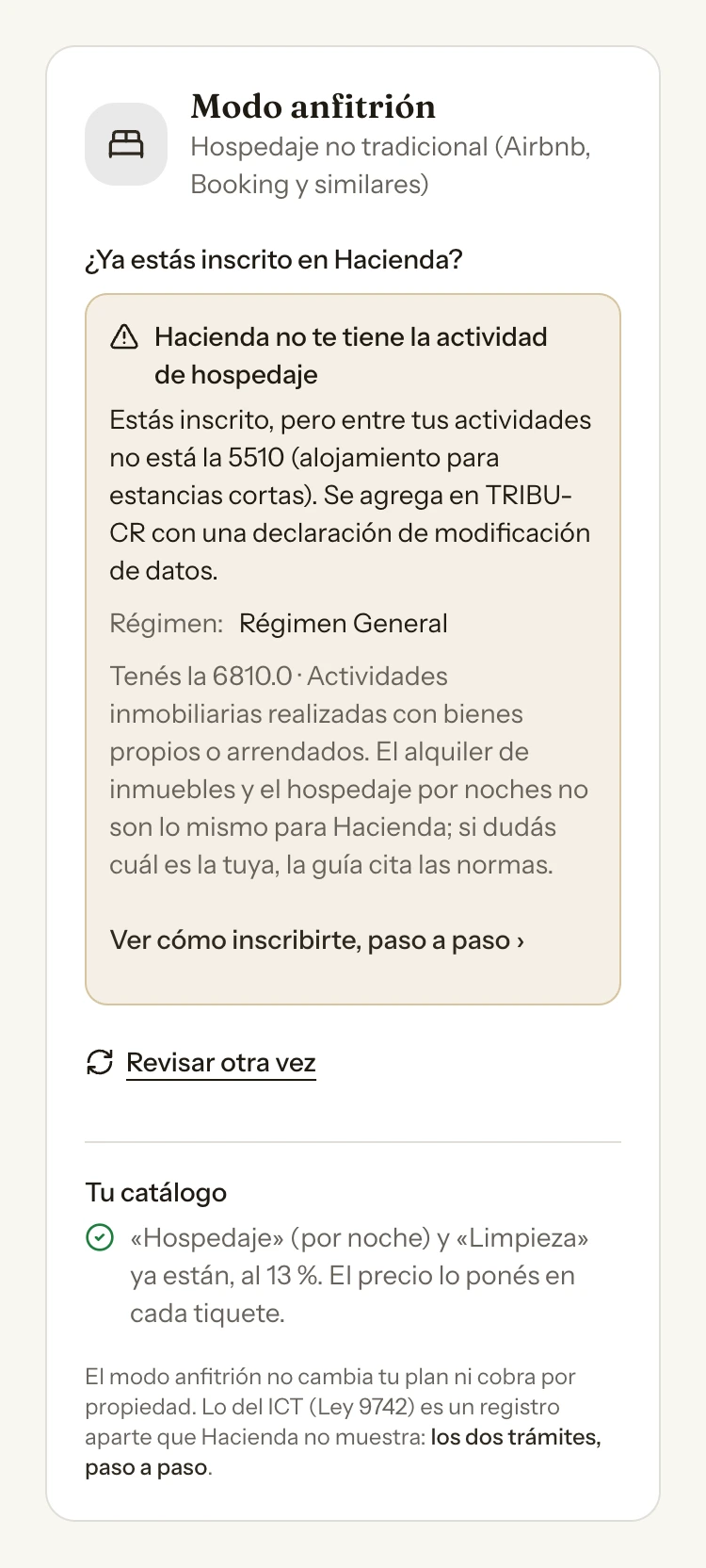 Ajustes › Modo anfitrión en Taxo: el padrón dice que la cédula está inscrita en régimen general, pero sin la actividad 5510, y el catálogo ya tiene Hospedaje y Limpieza al 13 %.
