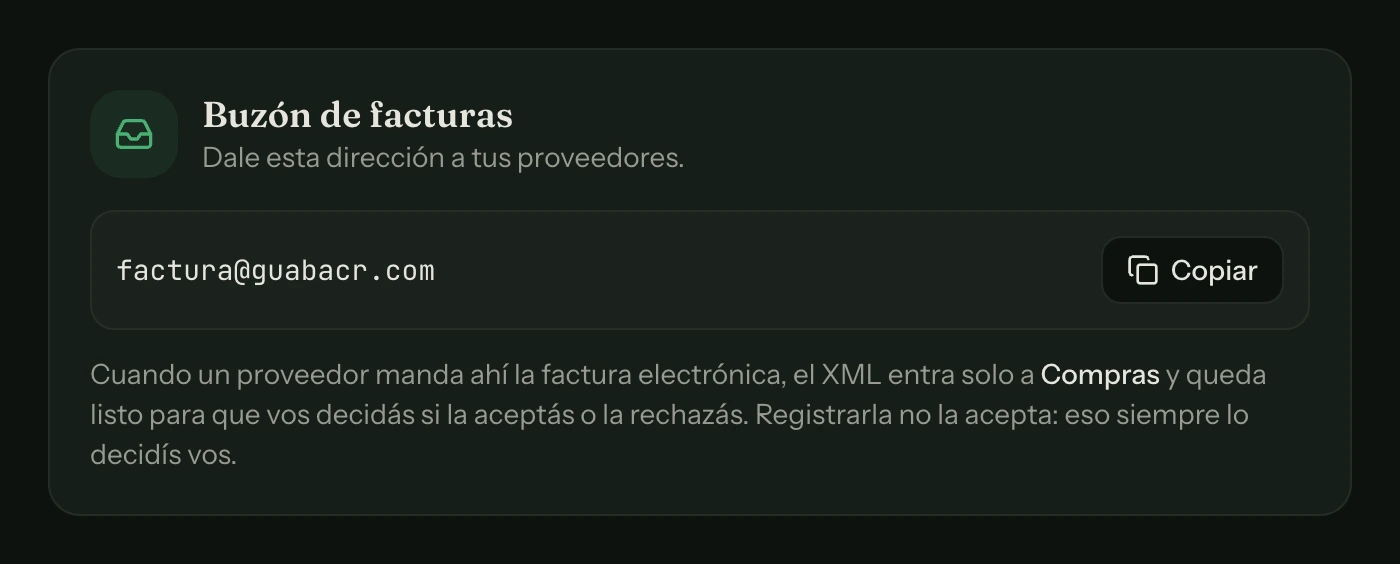 Ajustes → Buzón de facturas: la dirección que le pasás a tus proveedores, con el botón para copiarla.