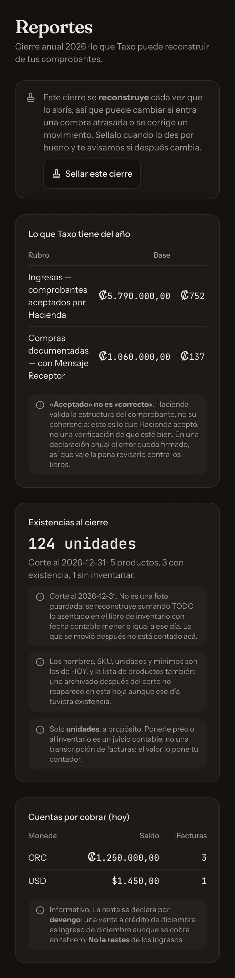 Cierre anual del régimen general: la invitación a sellar, los ingresos y las compras del año, las existencias al cierre en unidades y las cuentas por cobrar por moneda.