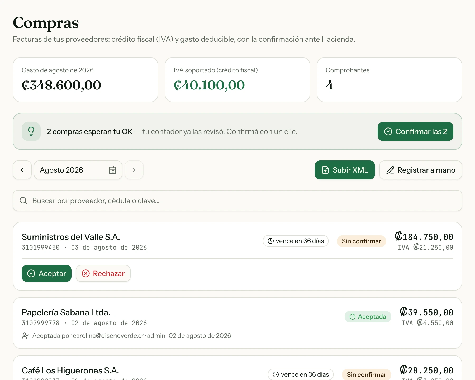 La franja de confirmación en tanda: lo que el contador ya revisó se confirma de una, sin abrir compra por compra.