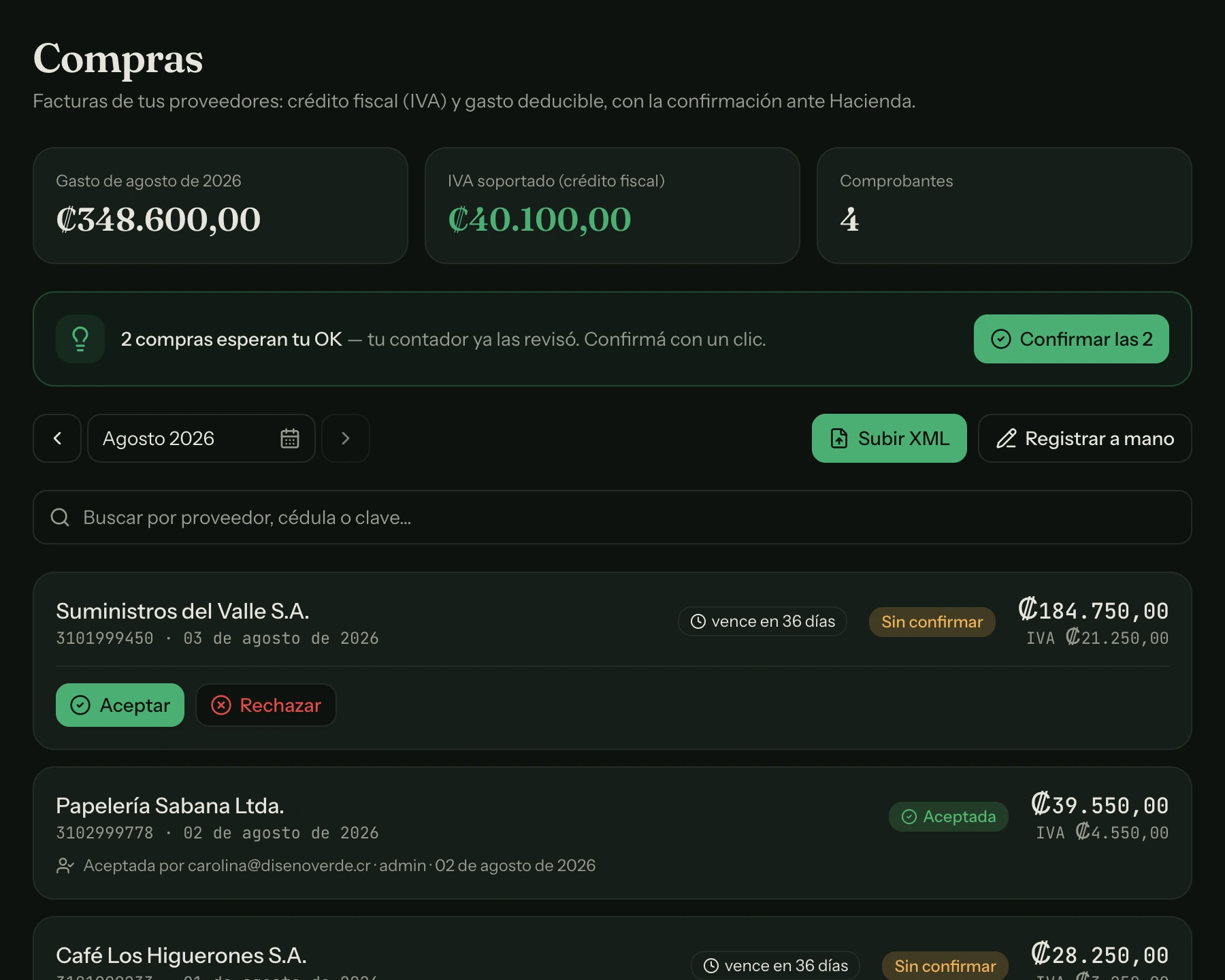 La franja de confirmación en tanda: lo que el contador ya revisó se confirma de una, sin abrir compra por compra.