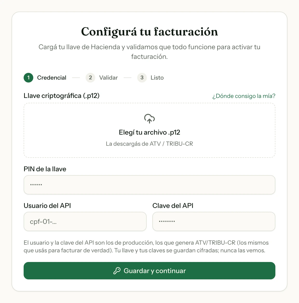 Configurar facturación: el usuario y la clave del API van junto a la llave, y se guardan cifrados.