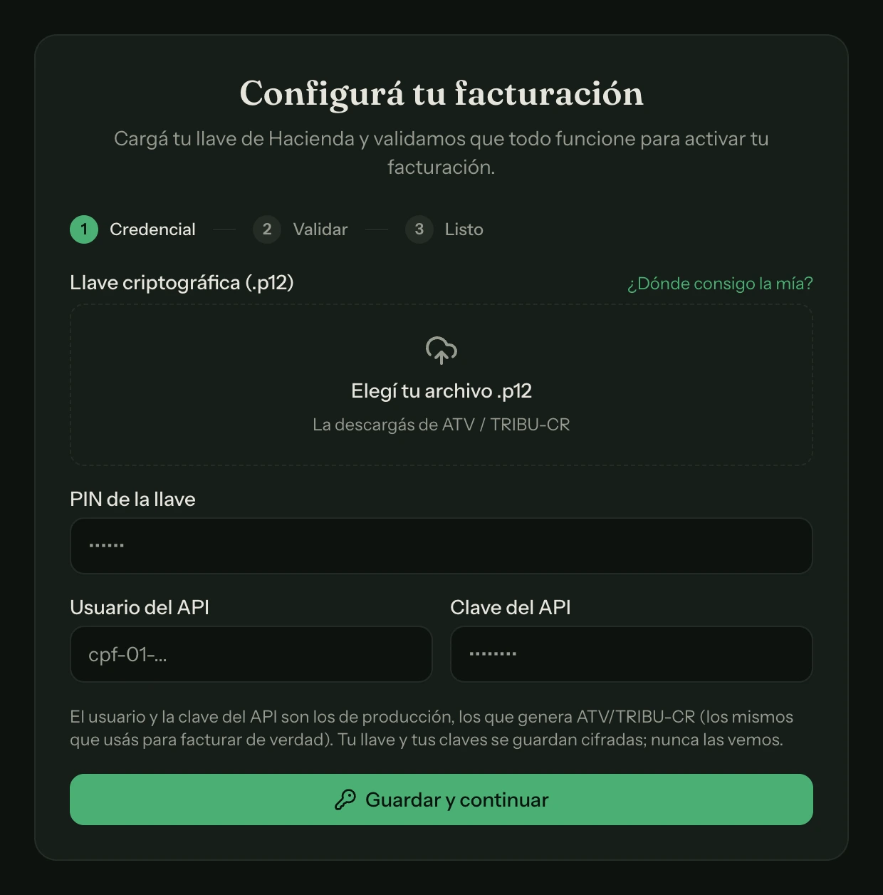 Configurar facturación: el usuario y la clave del API van junto a la llave, y se guardan cifrados.