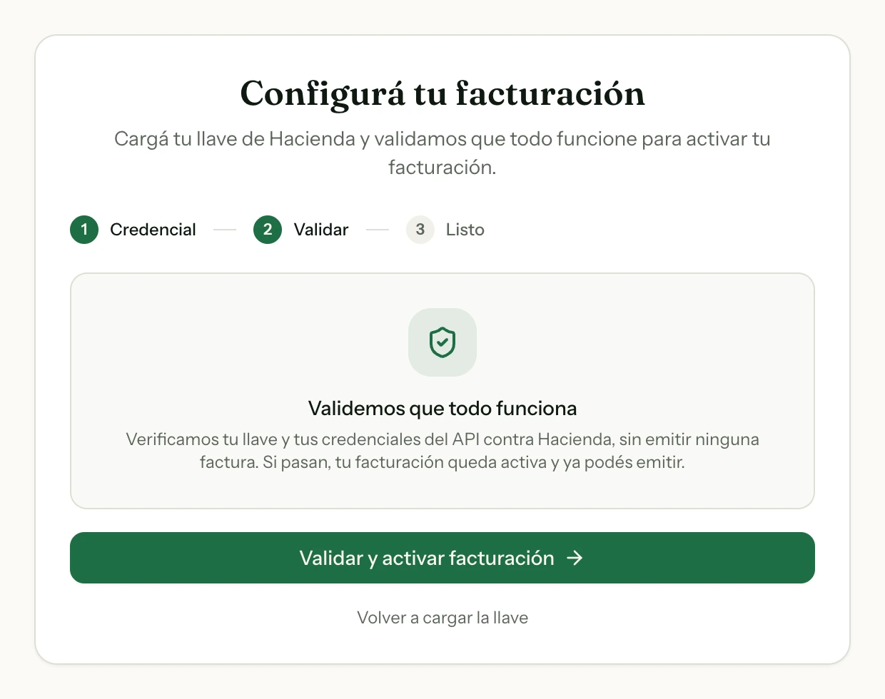 El último paso de Configurar facturación: la prueba que abre la llave con el PIN y se autentica contra Hacienda sin emitir nada.