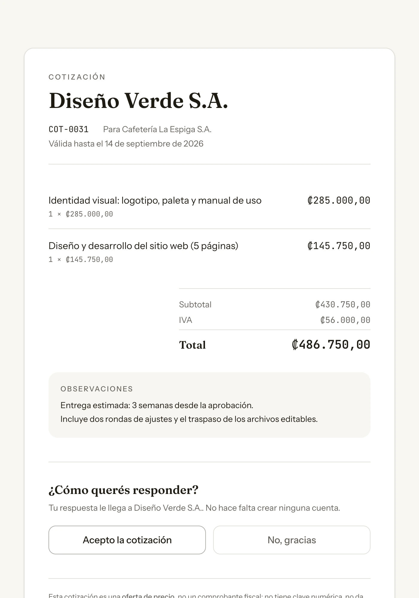 La hoja que abre el cliente: el nombre de quien cotiza, el número, hasta cuándo vale, las líneas con su precio, el total, las observaciones y abajo los botones «Acepto la cotización» y «No, gracias».