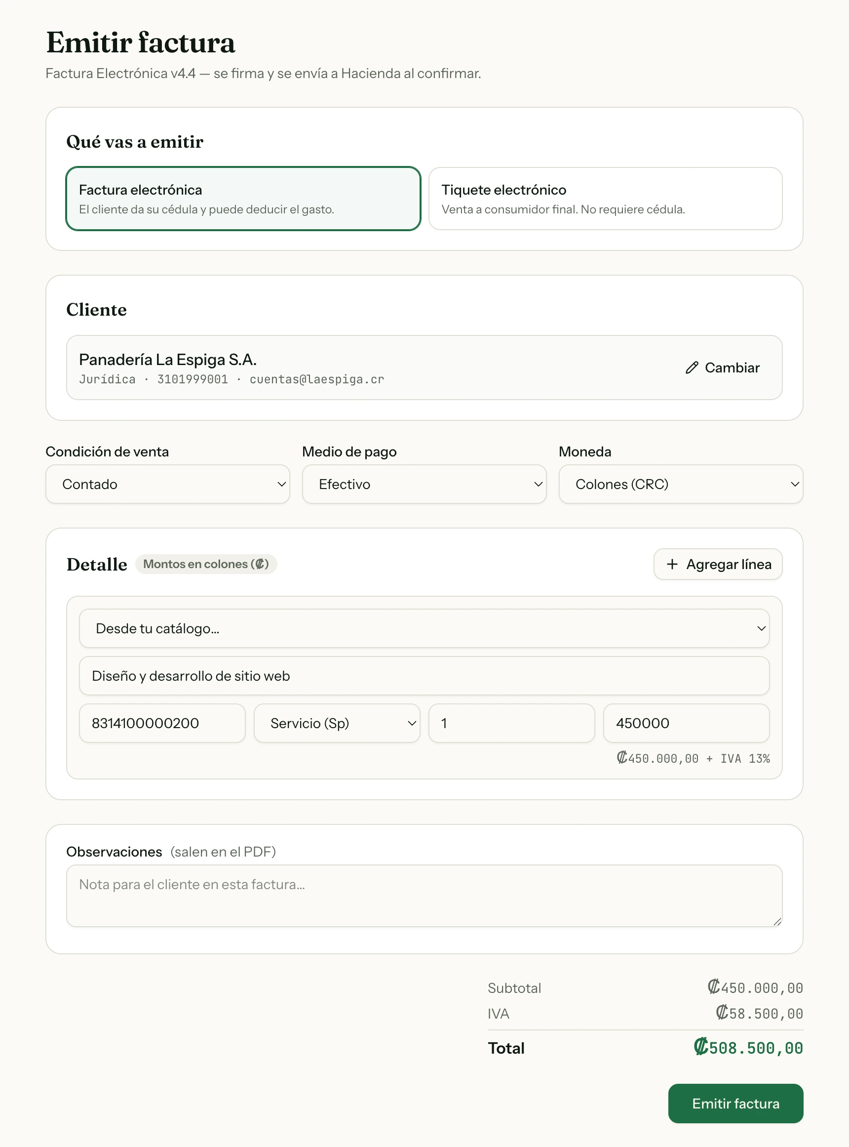 Pantalla Emitir: el cliente elegido de la libreta, una línea traída del catálogo y los totales con el IVA ya calculado.
