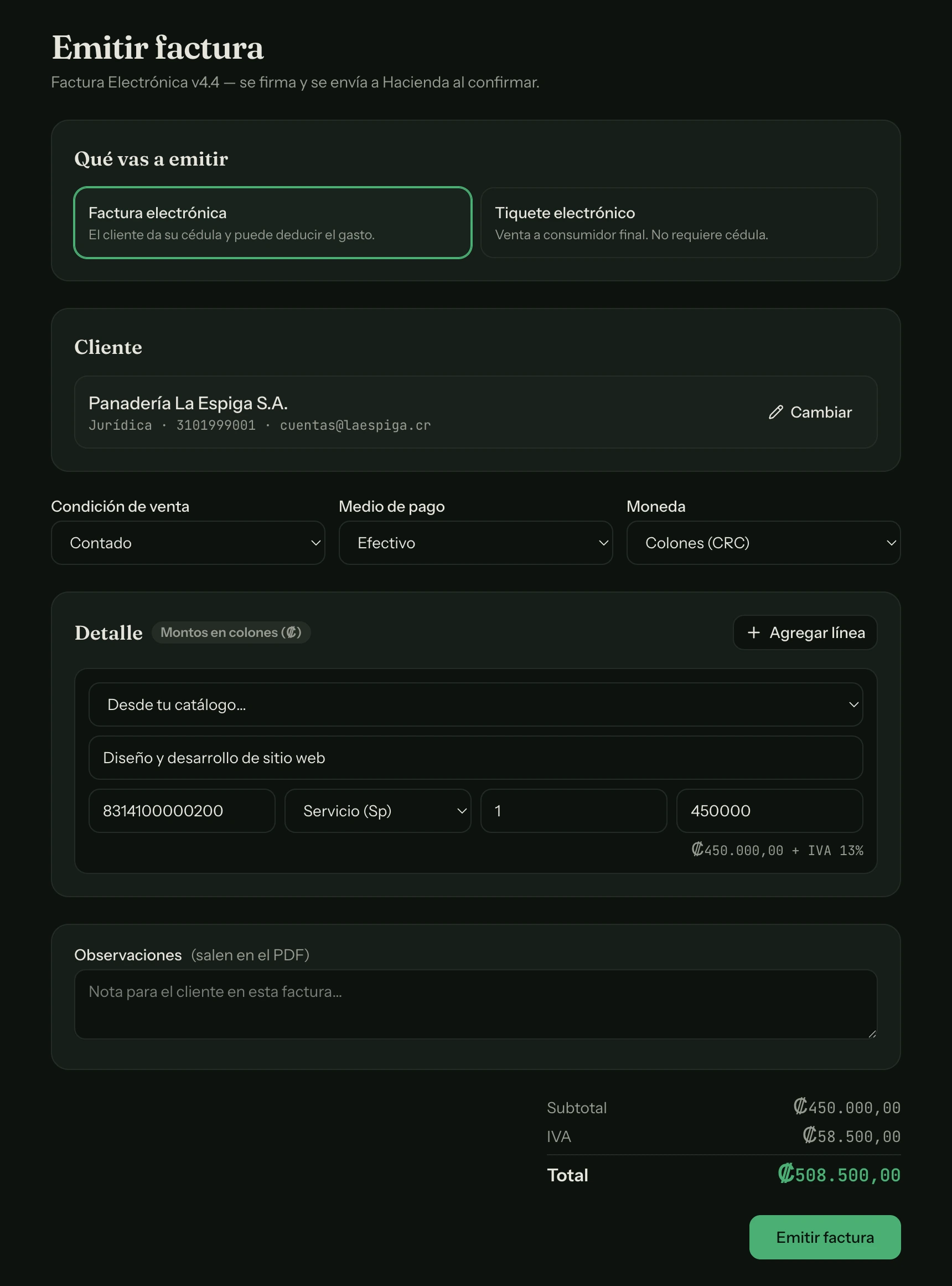 Pantalla Emitir: el cliente elegido de la libreta, una línea traída del catálogo y los totales con el IVA ya calculado.