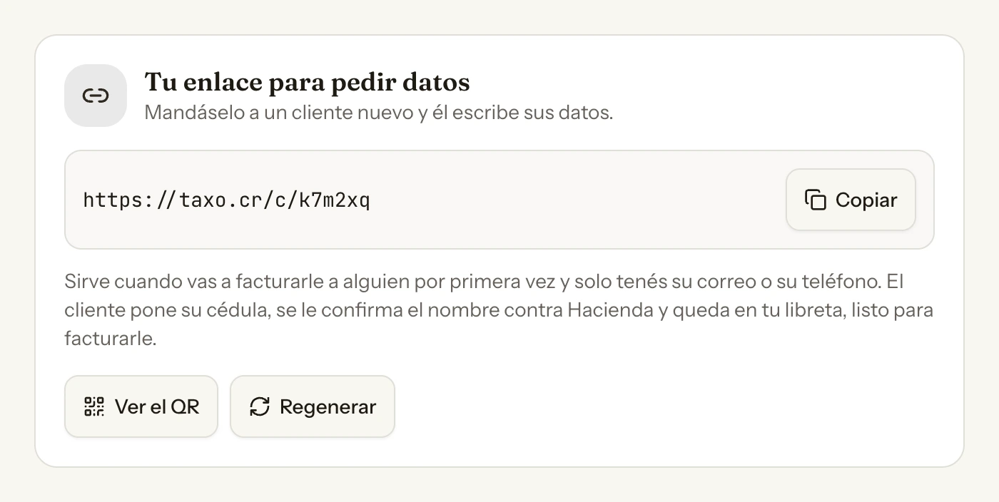 Tarjeta «Tu enlace para pedir datos» en Ajustes: la dirección del enlace, el botón Copiar a su derecha y, debajo, los botones Ver el QR y Regenerar.