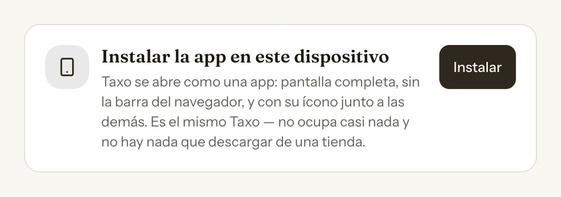 La sección «Instalar la app en este dispositivo» en Android: el mismo texto que en iPhone, y a la derecha un botón oscuro que dice «Instalar».