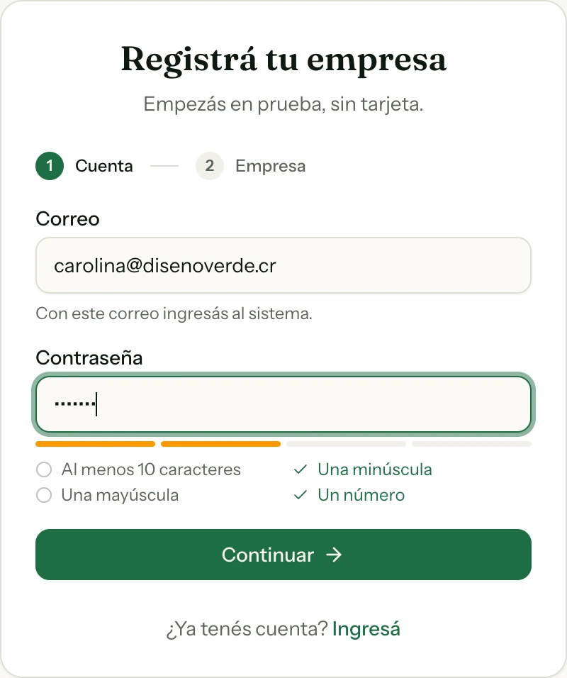 Paso 1 del registro: el correo y la contraseña, con los requisitos que se van marcando mientras escribís.