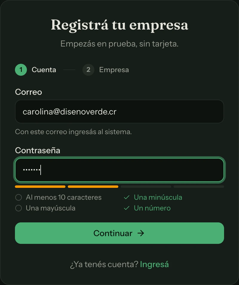 Paso 1 del registro: el correo y la contraseña, con los requisitos que se van marcando mientras escribís.