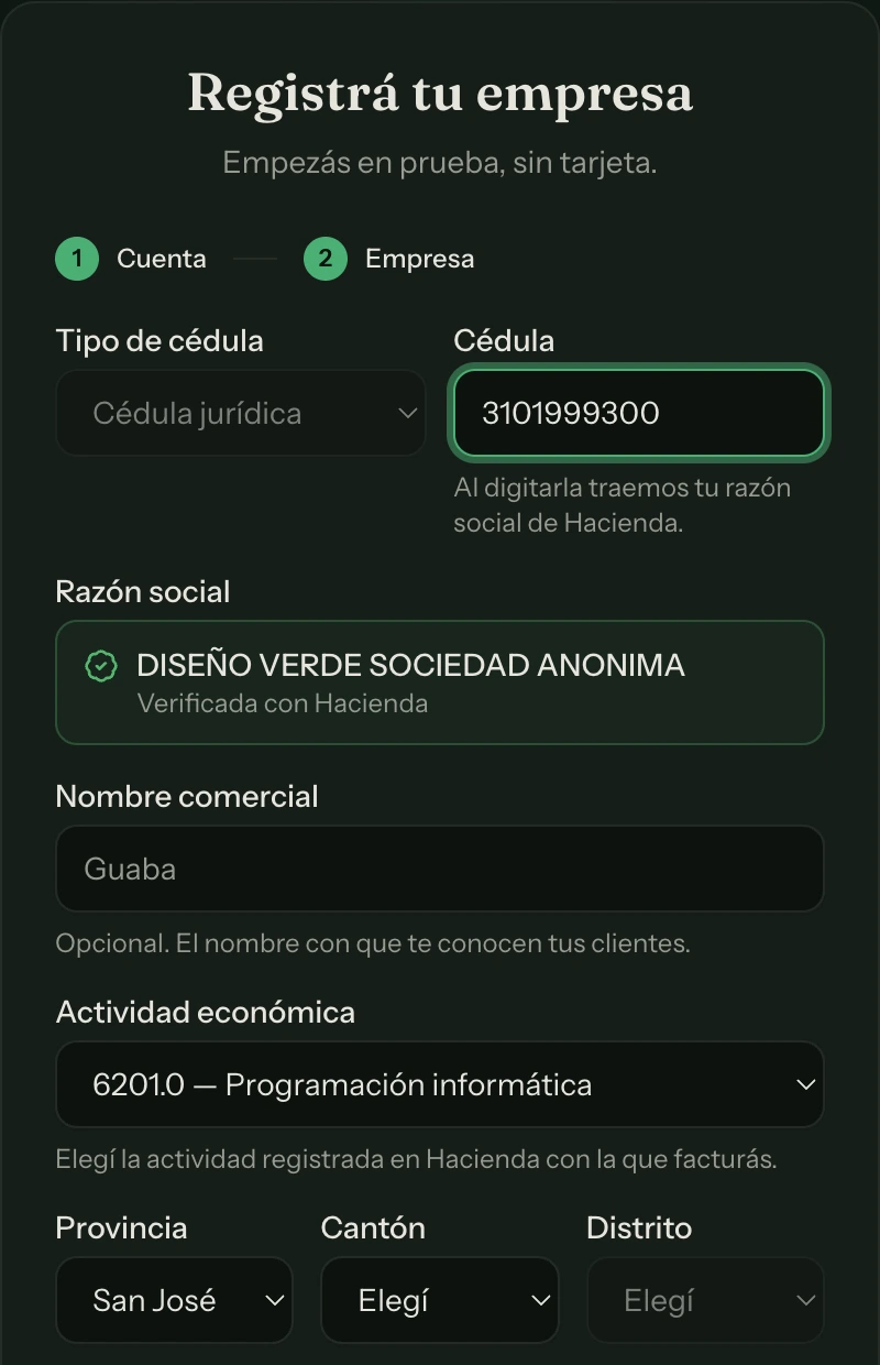 Paso 2 del registro: al digitar la cédula, la razón social llega del padrón de Hacienda ya verificada.