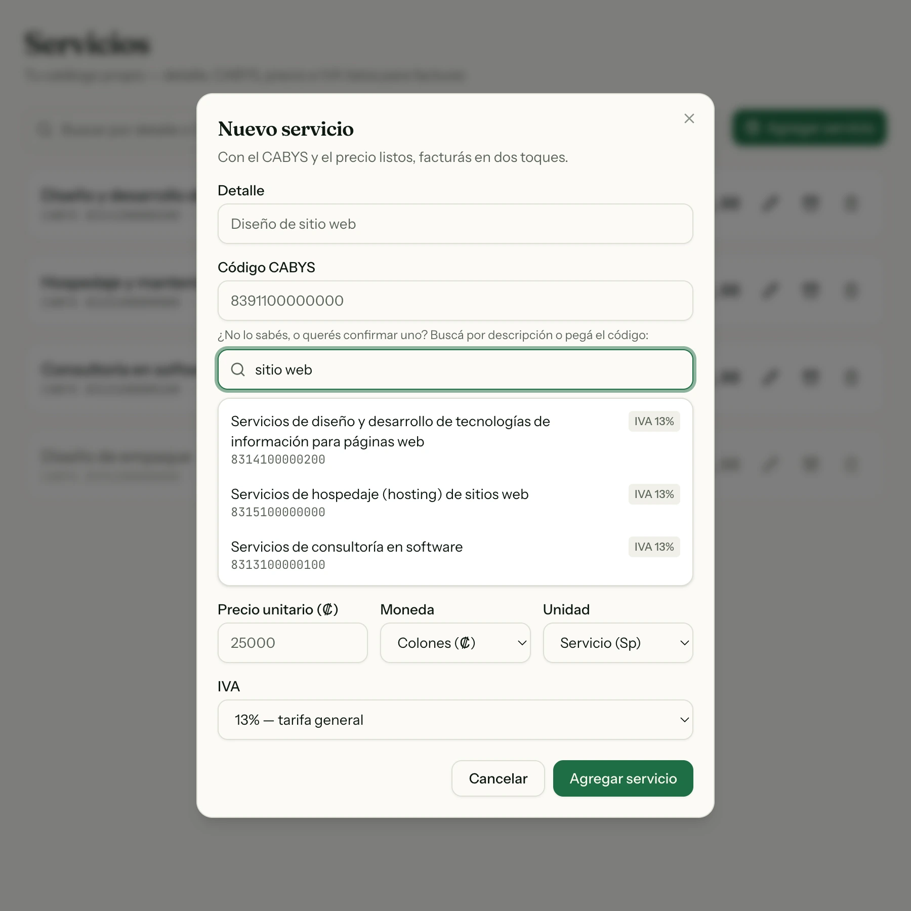 Alta de un servicio: al escribir «sitio web», el buscador muestra los códigos CABYS que coinciden, con su tarifa de IVA.